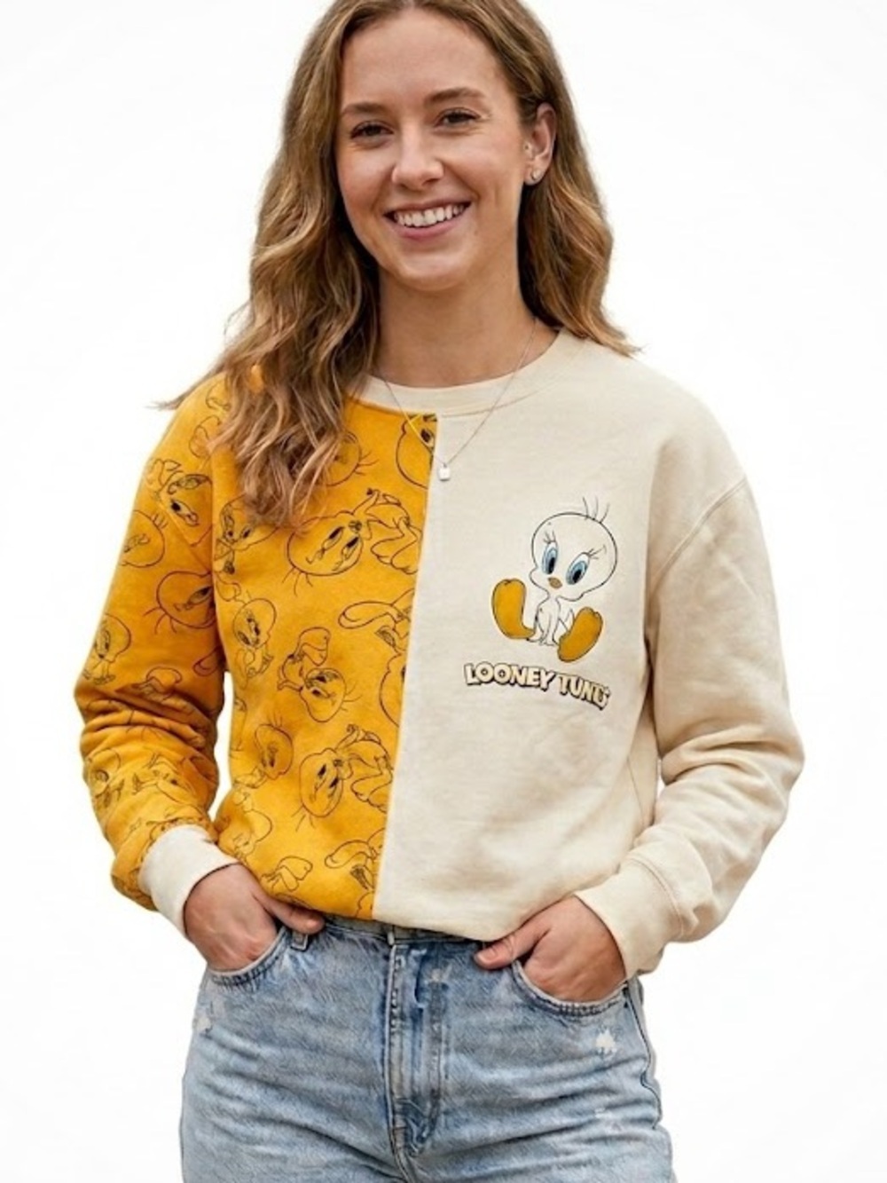 Looney Tunes Tweety Split-Color Crewneck Sweatshirt - Yellow/Cream